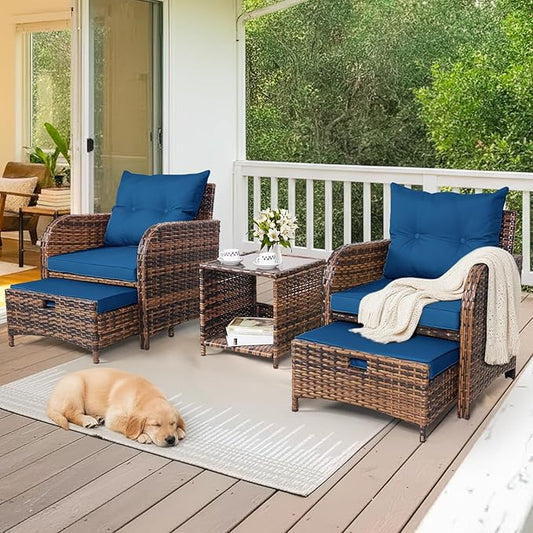 5 Pieces PE Wicker Outdoor Chairs with Ottomans, 5 PCS Rattan Patio Furniture Set with Ottoman, Patio Chairs with Ottomans for Porch Balcony Sunroom, Blue Cushion