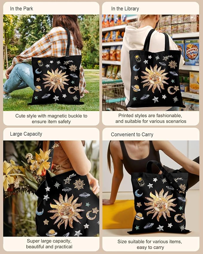 Miss Adola Canvas Tote Bag for Women – Aesthetic Canvas Bag with Zipper Cute Stylish Reusable Shoulder Totes for Shopping Work Daily Vacation, Sun Planets