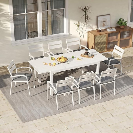 Soleil Jardin 9-Piece Outdoor Patio Dining Set, 59" - 83" Aluminum Expandable Outdoor Dining Table Set for 8, 8 Stackable Chairs with Gray Removable Cushions, White