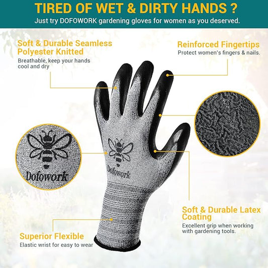 DOFOWORK Gardening Gloves - 6 Pair Gardening Gloves for Women/Men, Breathable Natural Latex Garden Gloves with Grip