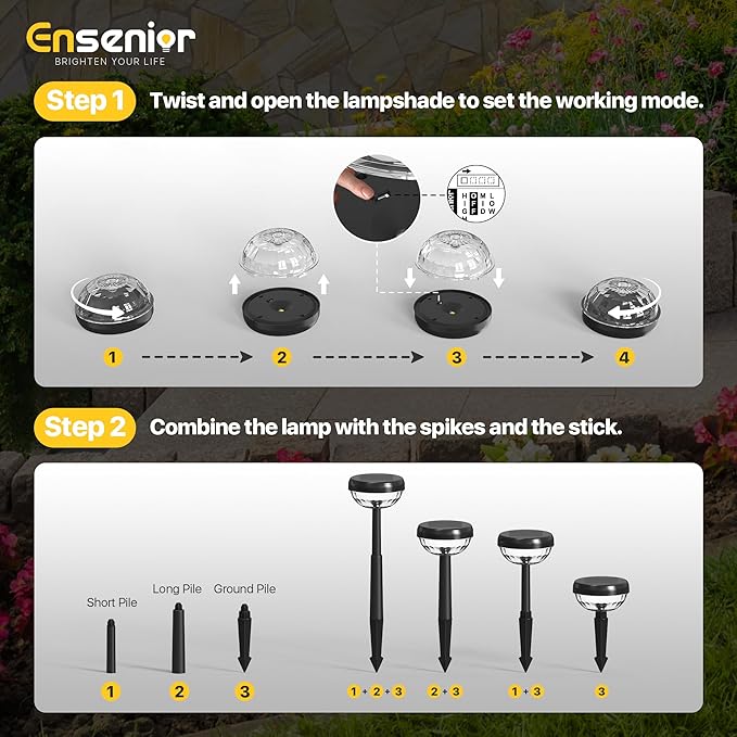 Ensenior Solar Pathway Lights IP65 Waterproof, RGB Color Changing & 3000K Warm White, 8-16Hr Runtime, Flower Pattern Garden Lights for Walkway Porch Yard - 10 Pack