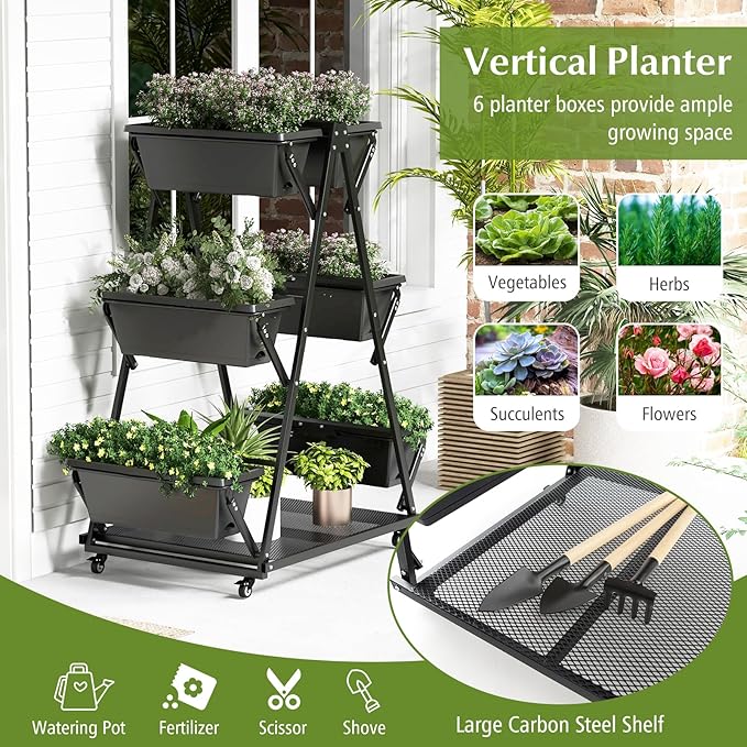 Giantex 6-Tier Rolling Raised Garden Bed, Vertical Planter Stand on Wheels with 6 Garden Boxes, Storage Shelf, Indoor Outdoor Freestanding Raised Beds for Flower Strawberry Vegetable Herb