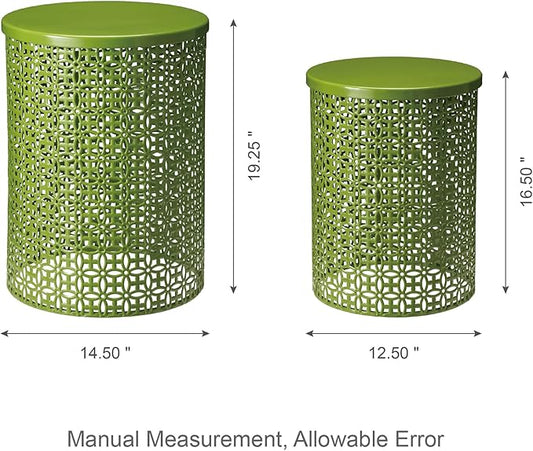 Glitzhome Outdoor Side Table Set of 2, Decorative Garden Stool for Indoor Outdoor Heavy Duty Metal Frame Accent Table Modern End Table, Glossy Green
