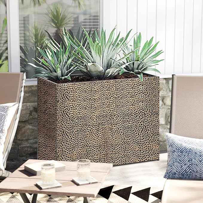 Tall Planters for Outdoor Plants - Hand-Hammered Metal Large Rectangular Block Planter Box with Drainage Holes, Modern Planters Indoor Outdoor Flower Plant Pots Patio Yard Front Porch Deck,32x12x24"