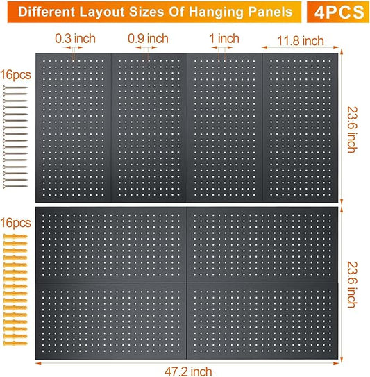 Metal Pegboard Panels,Wall Panels, Heavy Duty Peg Boards for Garage and Garden Tool Storage, Includes Drywall Anchors and Screws Kits, Black
