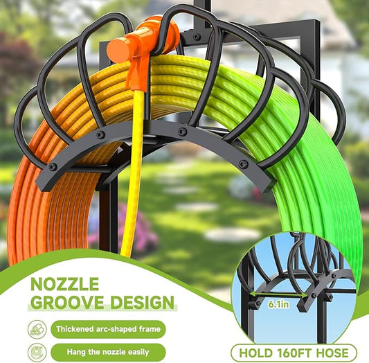 New Upgraded 3-in-1 Garden Hose Holder with Solar Light & Shepherds Hooks | Stores 160" Hose, Freestanding with Double Hooks for Hanging Decor - Perfect for Outdoor Yard, Lawn & Patio at Night