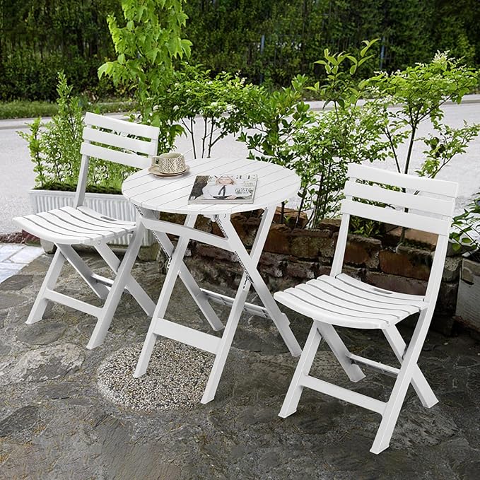 Plastic Folding Bistro Set, 3 Piece Patio Bistro Set, Portable Indoor Outdoor Table and Chairs with Backrest, Foldable Patio Furniture Set for Balcony, Porch, Backyard, Garden,Poolside (White)