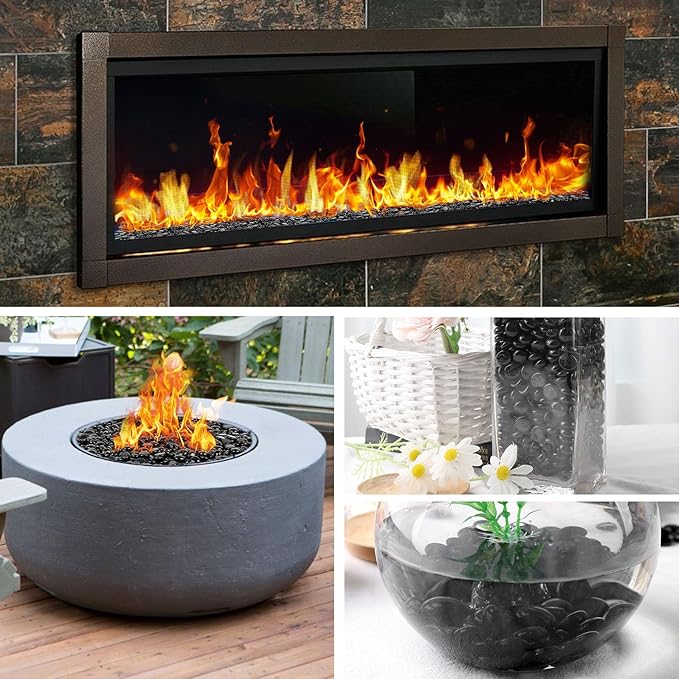 DomeStar 10LB Black Fire Pit Glass, Reflective Round Glass Rocks for Natural Propane Fire Pit Landscaping