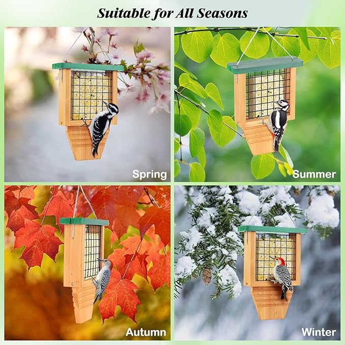 Wooden Suet Bird Feeder for Outside Hanging, Woodpecker Suet Feeder with Tail Prop, Hanging Bird Feeder for Wild Birds, 1 Pack, Green