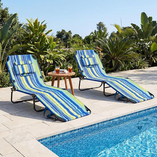 GYMAX Tanning Chair, Folding Lounge Chairs with Face Hole & Cover, Removable Pillow Carry Handle, Portable Compact Outdoor Layout Recliner for Beach, Poolside, Lawn, Patio, Camping (Blue Stripe,2)