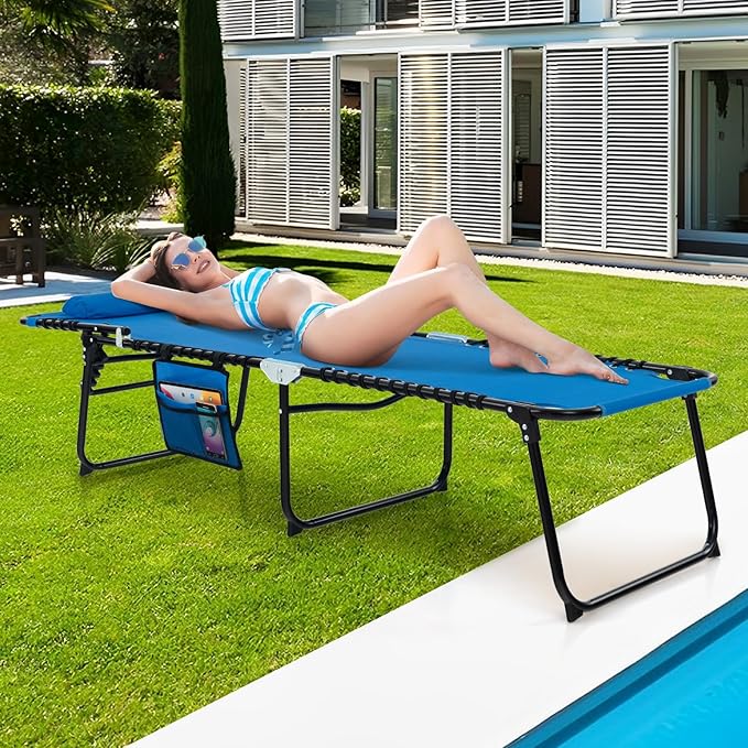 Giantex Patio Lounge Chairs for Outside - Set of 2 Folding Tanning Chair w/Headrest, 4 Adjustable Positions, Side Pocket, Outdoor Chaise Lounge for Camping, Pool, Sunbathing Beach Chair, Navy