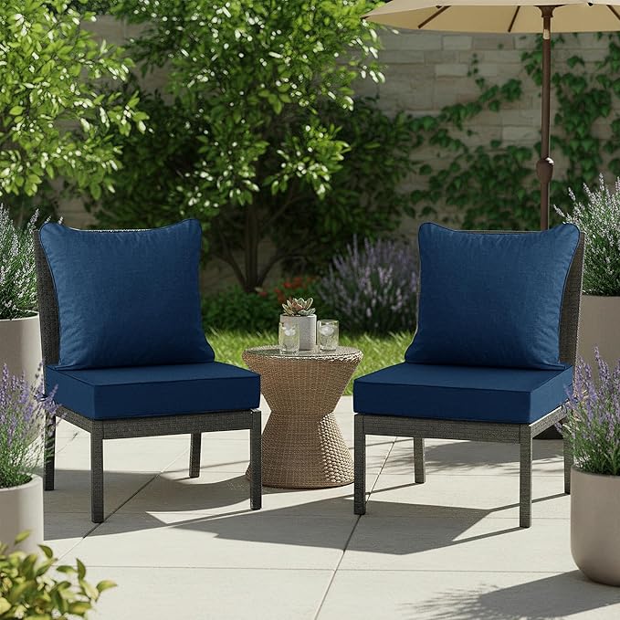 Summsun Outdoor Chair Cushions, Faux Linen Backrest and Seat Cushion Set for Patio Furniture with Weather Resistant Removable Cover, Straps, Non-Slip Bottom, 19 x 19 Inch, Navy, Set of 2