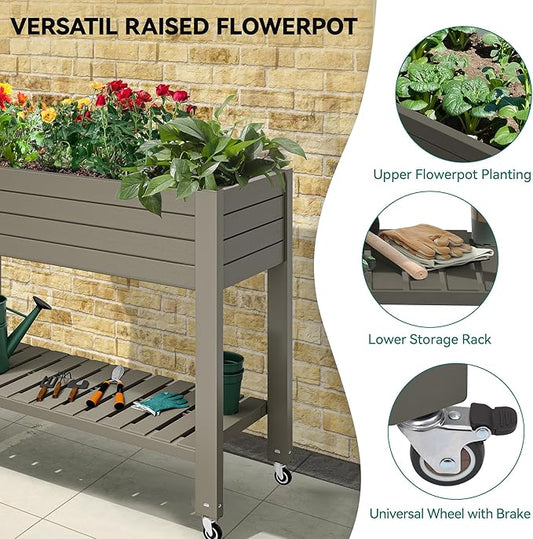 YITAHOME 43.3x17.7x34 in Elevated Garden Bed, Outdoor Plastic Planter Box with Wheels, Legs, Drain Plug, and Storage Shelf for Plants, Vegetables, Flowers, Herbs, Light Brown