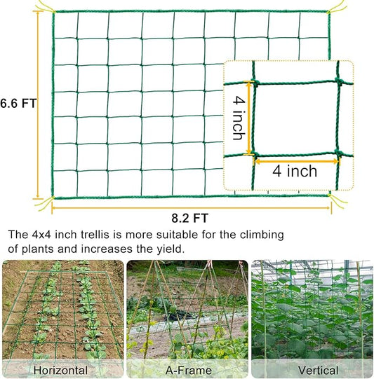 Garden Trellis Netting for Climbing Plants Outdoor, 6.6x8.2 FT Plant Netting for Cucumber, Tomato, 27 Strands Trellis Net with 4x4 Inch Mesh as Vegetable Netting for Grape, Bean, w/Plant Clips