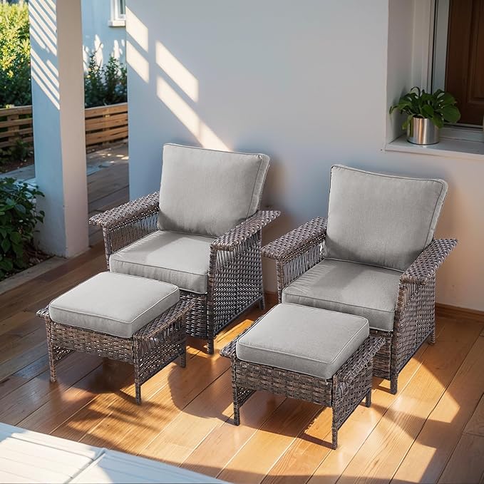 Patio Furniture Set 2 Wicker Patio Chairs with 2 PE Rattan Ottomans Brown Wicker Grey Cushions Patio Conversation Set 4pcs for Garden Balcony Sunroom Backyard Poolside