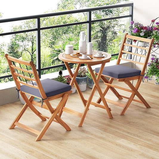 HAPPYGRILL 3 Pieces Acacia Wood Patio Bistro Set, Folding Outdoor Table and Chairs Set with Cushions, Outdoor Patio Furniture Set for Porch, Balcony, Deck, Garden, Backyard (Gray)