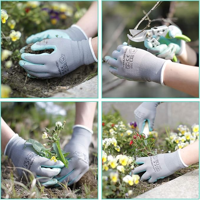HAUSHOF Gardening Gloves for Women Ladies Thorn Proof 6-Pairs Work Gloves, Women's Breathable Garden Gloves Nitrile Coated with Texture for Yard Work, Pink & Green Large Size