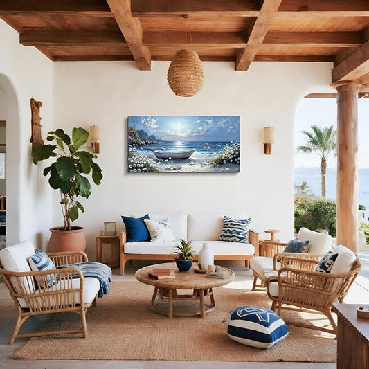 SERIMINO Beach Wall Art, Landscape Wall Art, Large Wall Decor, Coastal Boat Canvas Prints, Beachy Flowers Nature Paintings for Living Room Bedroom Dining Room Office Home Decorations 24"x48"
