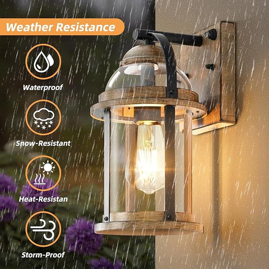 OKELI Dusk to Dawn Outdoor Wall Lights, Waterproof Lighting Fixtures Rustic Farmhouse Wall Lanterns with Clear Glass Shades Anti-Rust Outside Lights for Garage Patio Porch(Wood Grain, 2 Pack)