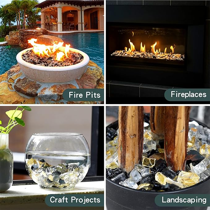 Mr. Fireglass 10 Pounds Blended Reflective Fire Glass, 1/4 Inch Fire Pit Glass for Propane Fire Pit Fireplace and Landscaping, Glass Rocks for Outdoor and Indoor Use, Gold, Onyx Black, Platinum