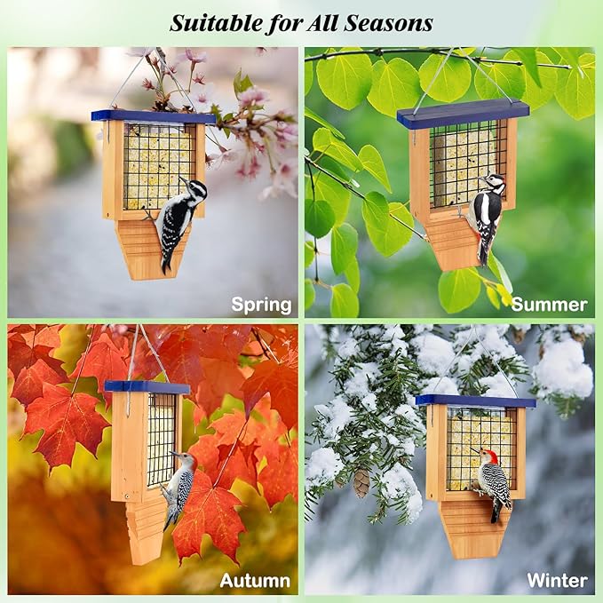 Wooden Suet Bird Feeder for Outside Hanging, Woodpecker Suet Feeder with Tail Prop, Hanging Bird Feeder for Wild Birds, 1 Pack, Blue