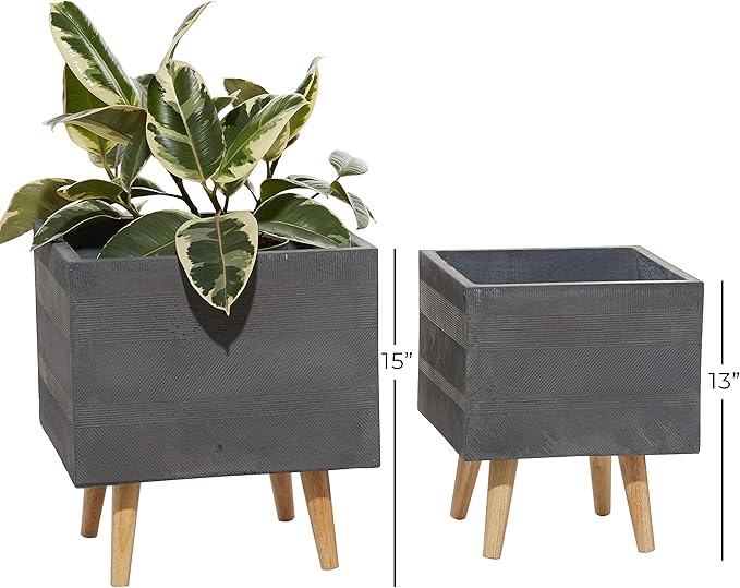 Deco 79 Set of 2 Grey Polystone Contemporary Planter 13, 15 Inches