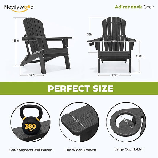 nevilywood Folding Adirondack Chair, Ergonomic Extended Backrest, HDPE All-Weather, 380lbs Capacity, Maintenance-Free, Cup Holder, (Black)- Outdoor Patio & Firepit Chair