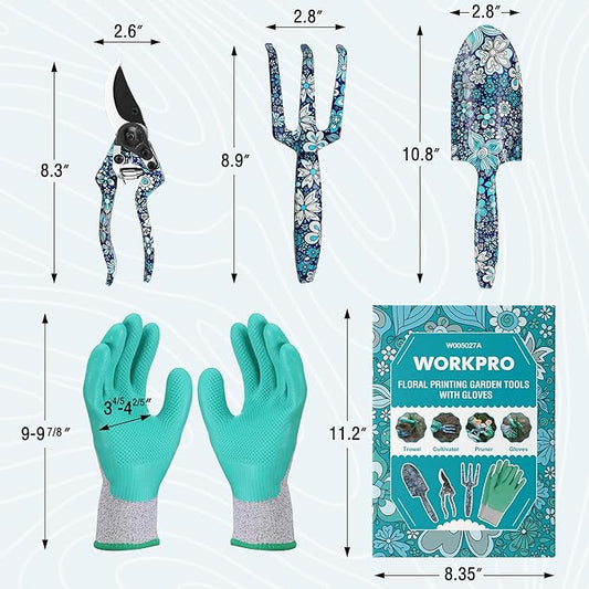 WORKPRO Aluminum Garden Tool Set, 4PCS Heavy Duty Hand Garden Tools with Box Include Trowel, Rake, Pruner, Garden Gloves, Blue Floral, Garden Gifts