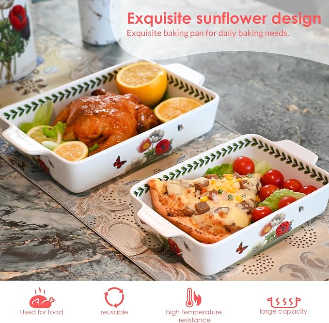 ACMLIFE Ceramic Casserole Dish Set, Ceramic Baking Dish for Oven, Casserole Dish Bakeware Set, Casserole Dishes for Oven, Lasagna Pan, Large Baking Dishes with Handles, Microwave, Dishwasher Safe, Gift Packaging Floral 2 Pcs Set(13"x8"+10.3"x6.3") (Bea...