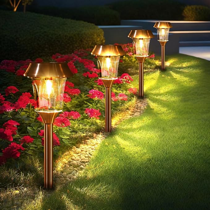 Solar Garden Lights Outdoor Waterproof, Stainless Steel & Glass Path Lamps, 12-25 LM Dimmable Dusk to Dawn Solar Powered LED Lighting, IP65 Outside Decor for Poolside, Driveway, Backyard, 4 Pack