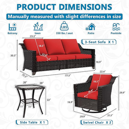 Vista Vibe 4 Pieces Outdoor Patio Conversation Furniture Set - 78" 3-Seat Sofa | 2 Swivel Glider Rocker Chairs | Wicker End Table, Rattan Loveseat, Upholstered Couch, Garden, Deck (Brown/Red)