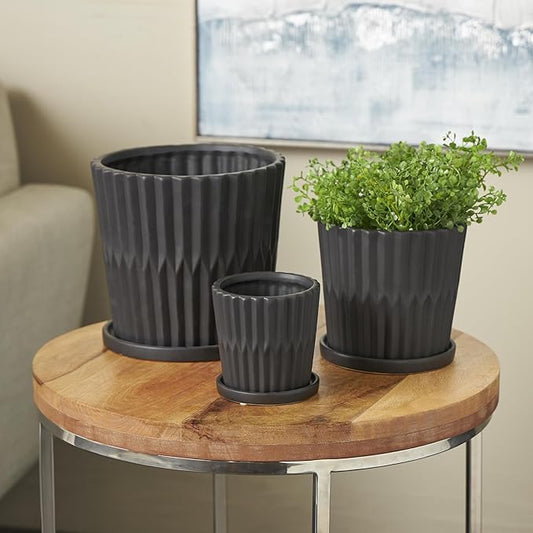 Deco 79 Ceramic Indoor Outdoor Planter Ribbed Large Planter Pot with Attached Saucer, Set of 3 Planters 8",6",5" H, Black