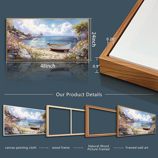 Wood Farmed Large Wall Decor For Living Room Canvas Wall Art For Office Modern Wall Decorations For Bedroom The Sea Boat Landscape Painting Farmhouse Pictures Artwork Room Home Decor 24x48 In