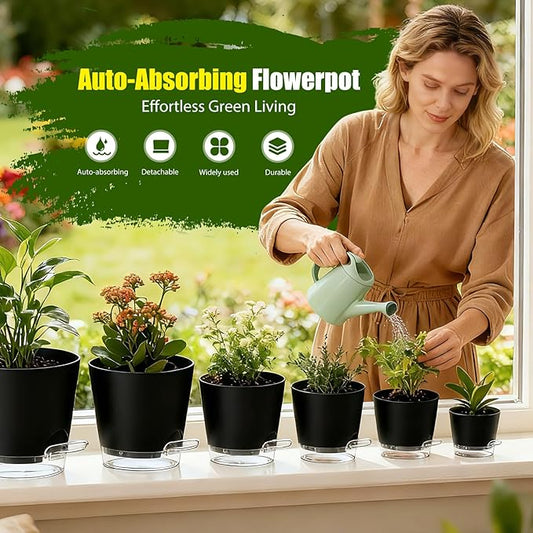 Plant Pots 4/5/5.5/6/6.5/7 Inch Self Watering Pots, 6 Pack Plastic Planters with Drainage Holes and Clear Saucers,Plastic Flower Pots,Nursery Planting Pot for Indoor Out Door Plants(Black)