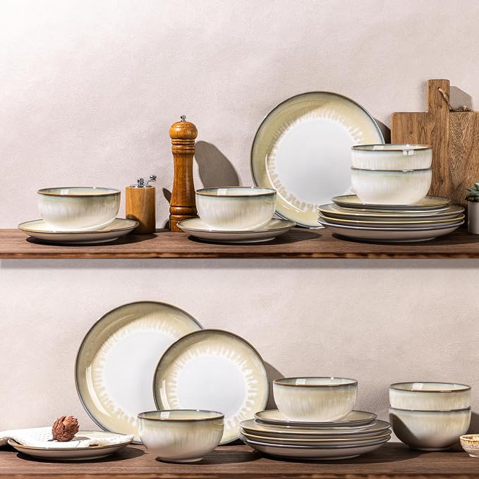 LERATIO Ceramic Dinnerware Sets for 4,Reactive Glaze Plates and Bowls Set with Mugs, Dishwasher,Microwave & Oven Safe Dishes set-Sage Ivory