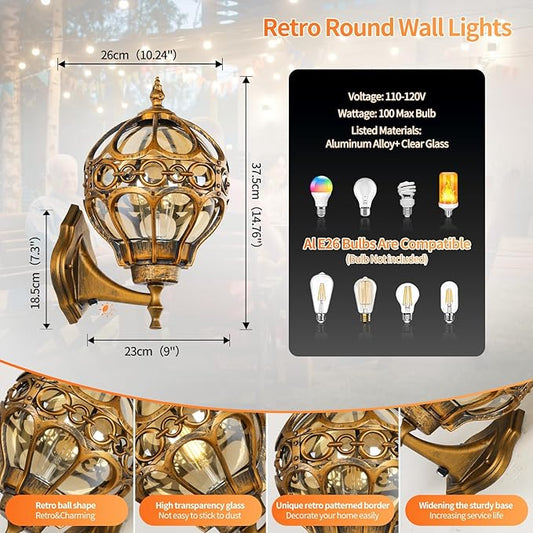 Globe Outdoor Wall Lights with Dusk to Dawn Sensor,Waterproof Gold Sphere Outside Wall Light Fixtures, Anti-Rust Exterior Aluminum Round Porch Lights for Patio Porch Backyard Garage,Large