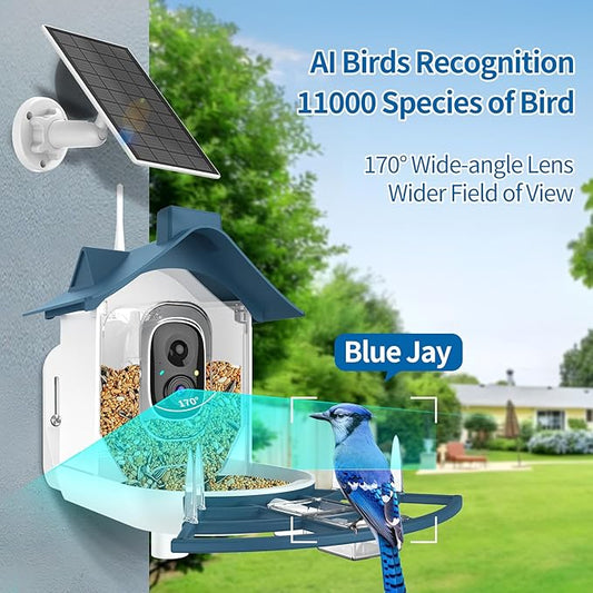 Bird Feeder with Camera,Smart Bird Feeder Camera with AI Identify Instant Notifications,FHD Live View,Birds Watching Camera with Solar Panel in Backyard,Ideal Gift for Family and Birds Lover,Navy Blue