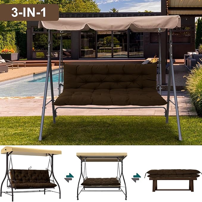 Outdoor Swing Cushions 3 Seater Waterproof, Replacement Bench Cushions for Outdoor Patio Furniture with Backrest, Porch Swing Cushion with Ties for Lawn and Garden (Coffee, 40x71in)