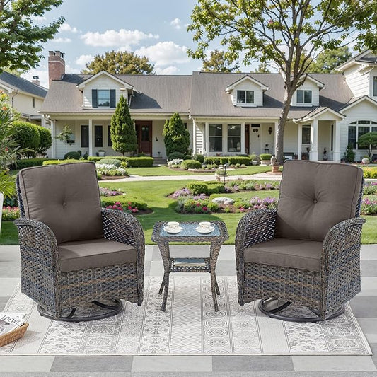 3 Pieces Patio Bistro Set Outdoor Swivel Rocker Patio Chairs with Side Table Patio Furniture for Deck Porch Garden Balcony Poolside-Brown/Grey