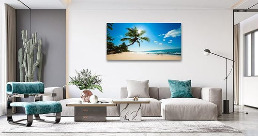 Muolunna ARX0650 Large Canvas Wall Art Summer Ocean Waves Prints Coconut Trees Beach Seascape Painting Hawaii Sea Nature Pictures Stretched and Framed for Living Room Home Office Wall Decor Artwork