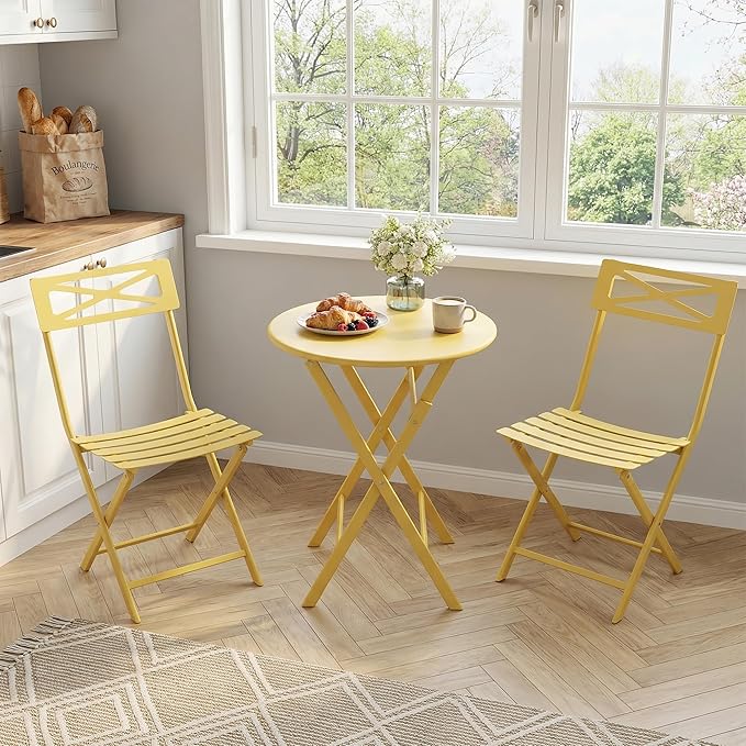 GarveeTech 3-Piece Folding Bistro Set, Heavy Duty Outdoor Patio Furniture with 2 Chairs & 1 Table, Weather-Resistant Steel Frame, No Assembly Required for Garden, Yard, Balcony,Yellow