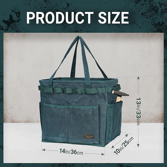 Collapsible Waxed Canvas Tool Pouch with 23 Hanging Holes - Reusable Grocery Bags with Handles for Garden/Camping/Tools/Car Trunk Storage, 14" x 13" x 10" | Dark Green