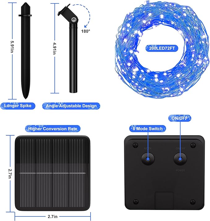 Selarlyt Solar String Lights for Outside, 72Ft 200 LED Solar Fairy Lights with 8 Modes, Solar Powered Fairy Lights Waterproof for Christmas Tree Garden Party Wedding Decor.(Blue)