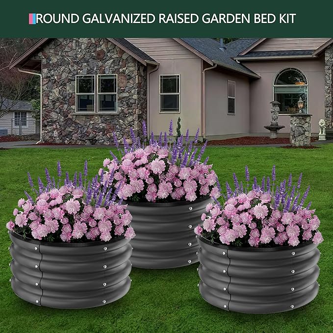 Galvanized Raised Garden Bed Outdoor, 3 Pcs 2x2x1Ft Round Raised Beds for Gardening, Metal Planter Box for Planting Plants Vegetables