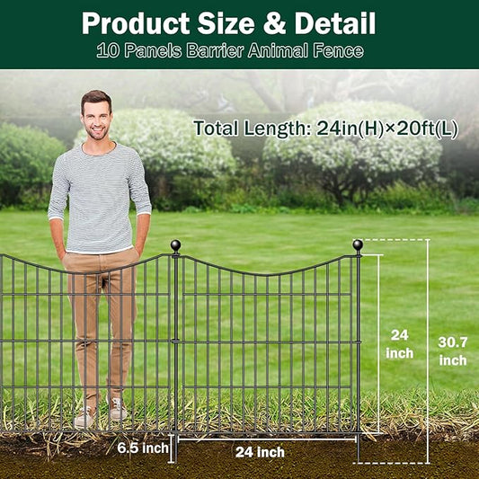 10 Panels Decorative Garden Fence with Gate, 24 in(H) X 20 ft(L) No Dig Dog Fence Animal Barrier Outdoor for Yard, Rustproof Metal Garden Edging and Borders, Temporary Fencing Stakes