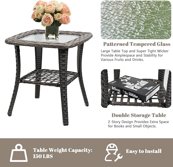 5 Piece Outdoor Patio Furniture Set,Wicker Patio Conversation Set with Swivel Glider Chairs,Wicker Rocking Swivel Chairs Set with Ottomans/Side Coffee Table for Backyard,Deck,Balcony,Khaki