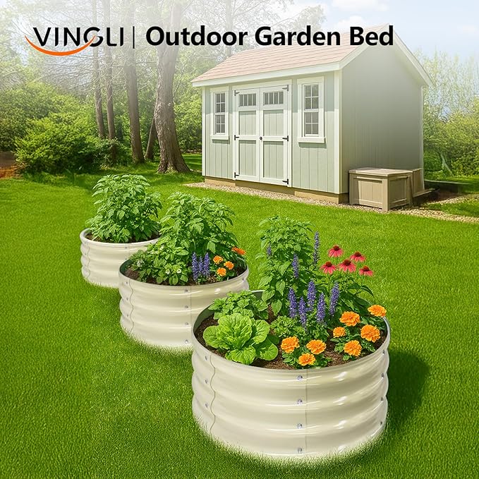 VINGLI 2 PCS Galvanized Raised Garden Beds Outdoor, 2x2x1ft Round Raised Planter Boxes Outdoor, Metal Raised Garden Bed for Vegetables (White)