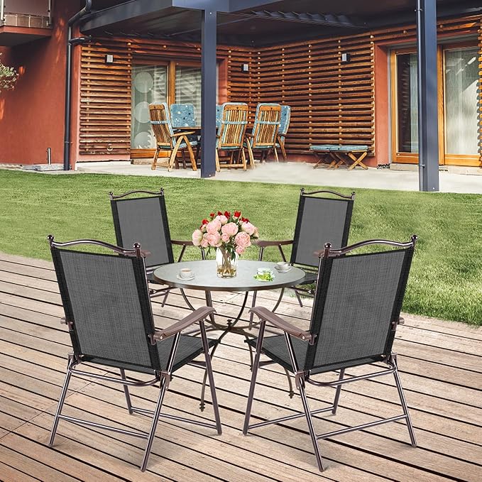 Tangkula Set of 2 Patio Folding Dining Chairs, Outdoor Sling Lawn Chairs with Armrests, Steel Frame, Portable Camping Lounge Chairs for Backyard, Deck, Poolside and Garden, No Assembly (1, Black)