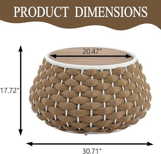 30.5 inch Outdoor Side Table, Large Patio End Table with Removable Lid Round Accent Side Tables with Metal Frame and Hollow Out Bottom for Patio, Balcony Porch, Poolside, Garden, Yard, Brown