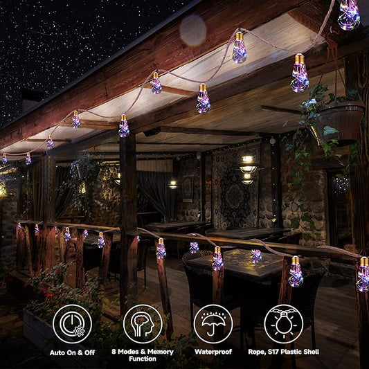 Solar Outdoor String Lights, 20Ft Vintage Rope Hemp Solar Patio Lights, Waterproof Multicolor Solar Powered String Lights With 8 Modes 16 Shatterproof Bulbs for Garden Fence Stairs Balcony Café Bistro